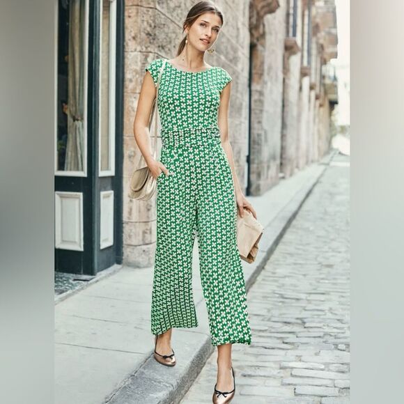 Boden Luna Women’s Size 10 Tall Jersey Jumpsuit Green White Geometric Pattern